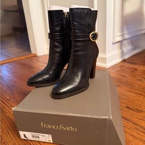 Franco Sarto Black Leather Heeled Boots with Gold Accent
